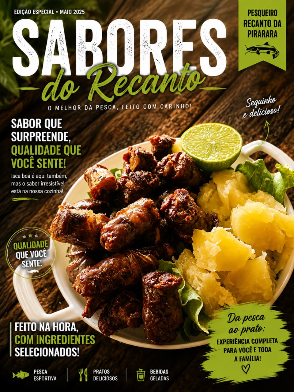 Espetinhos com mandioca servidos no Recanto da Pirarara