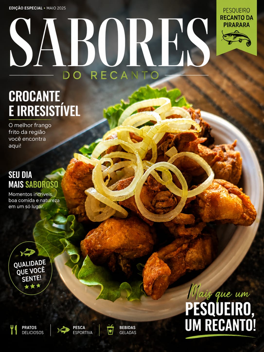 Porção de frango frito com cebola servida no Recanto da Pirarara