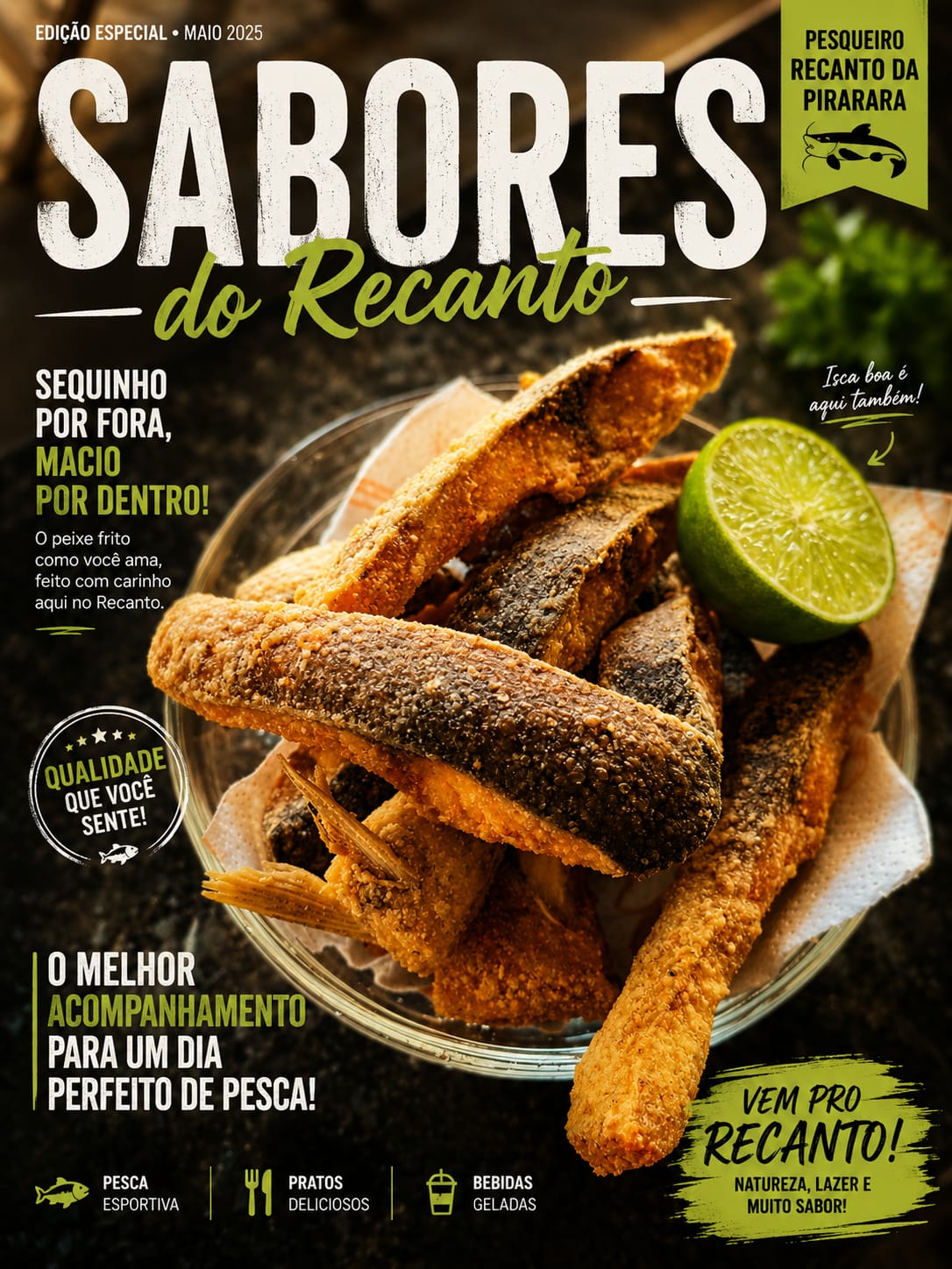 Porção de isca de peixe empanada servida no Recanto da Pirarara